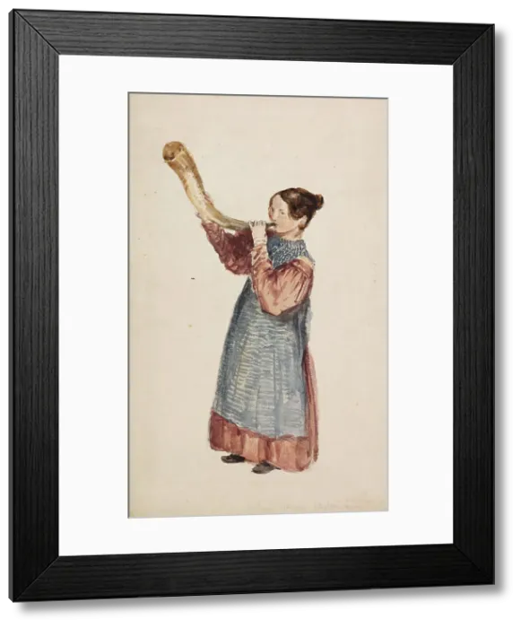 Framed Print : Girl Blowing Horn, c1820s. Creator: David Cox the Elder Framed Print : Girl Blowing Horn, c1820s. Creator: David Cox the Elder