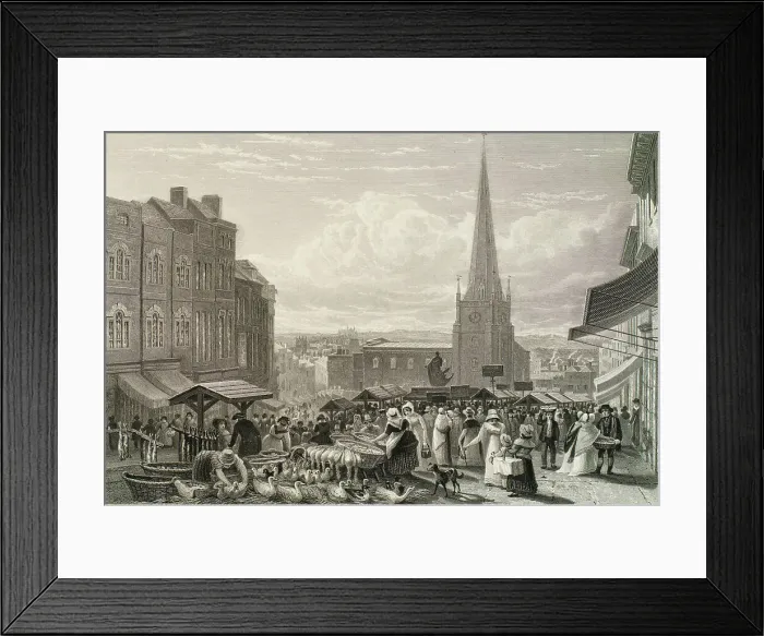 Framed Print : The High Street Market, Birmingham, 1827. Creators: David Cox the Elder, William Radclyffe Framed Print : The High Street Market, Birmingham, 1827. Creators: David Cox the Elder, William Radclyffe