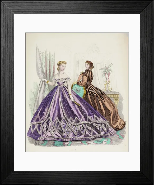 Framed Print : Fashion Plate - Petit Courrier des Dames Modes de Paris, 1865-66. Creators: Gilquin fils, A. Carrache Framed Print : Fashion Plate - Petit Courrier des Dames Modes de Paris, 1865-66. Creators: Gilquin fils, A. Carrache