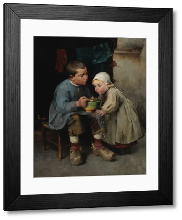 Framed Print : A Boy Feeding his Little Sister, 1881. Creator: Helene Schjerfbeck