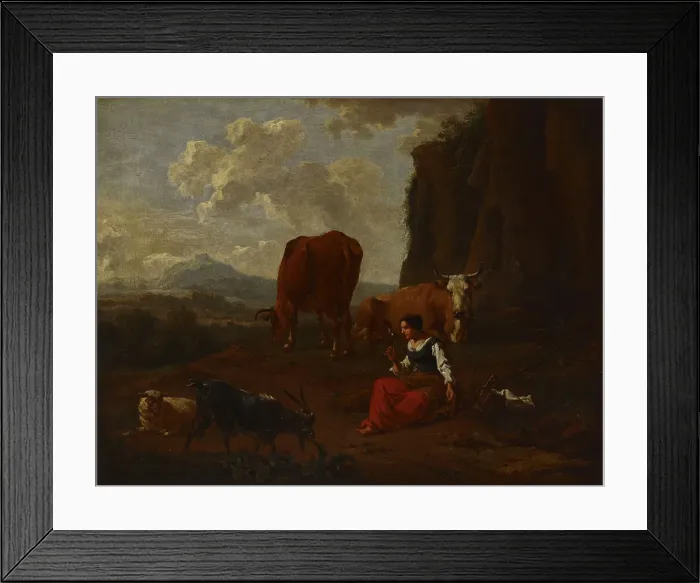 Framed Print : A young woman spinning wool with a distaff, c1640-1680. Creator: Nicolaes Berchem Framed Print : A young woman spinning wool with a distaff, c1640-1680. Creator: Nicolaes Berchem