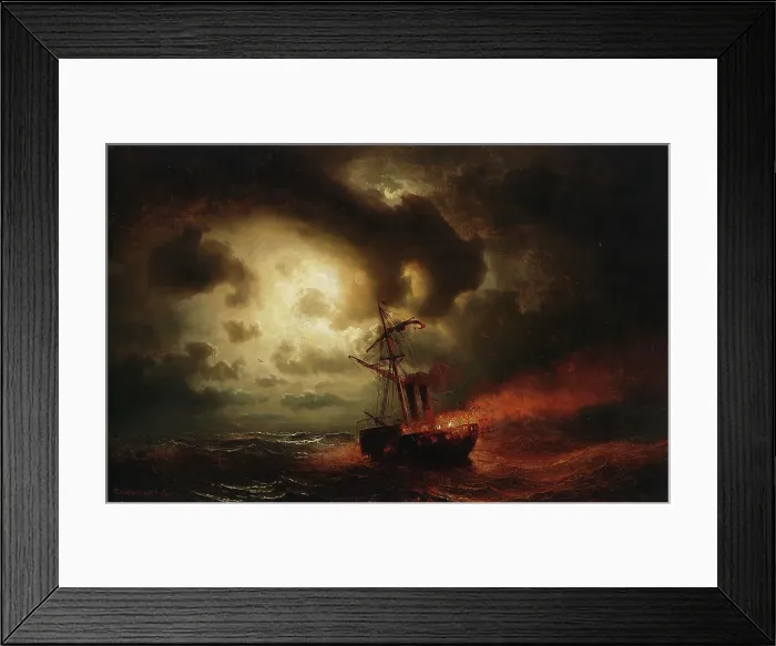 Framed Print : Burning Steamship, 1857. Creator: Markus Larsson Framed Print : Burning Steamship, 1857. Creator: Markus Larsson