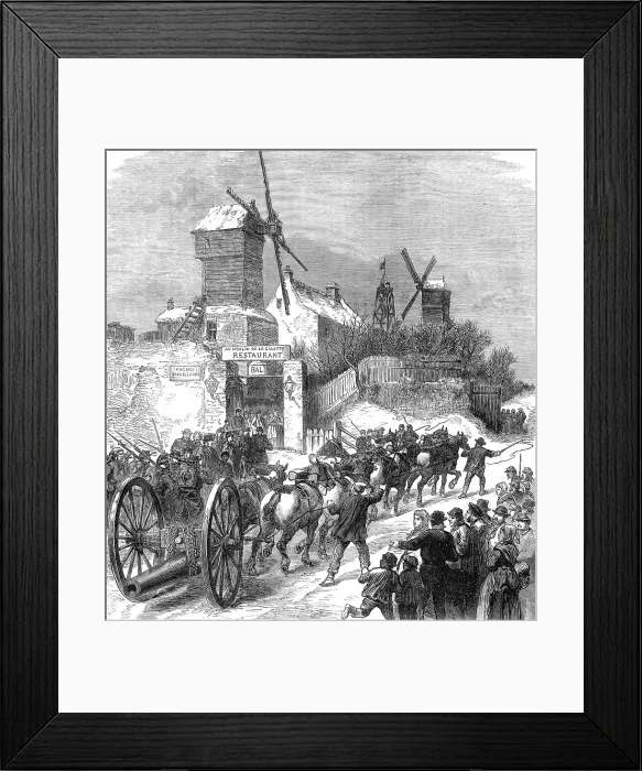 Framed Print : Bringing up ship guns at the Buttes Montmartre, Paris, (sketch by balloon post), 1871. Creator: Unknown Framed Print : Bringing up ship guns at the Buttes Montmartre, Paris, (sketch by balloon post), 1871. Creator: Unknown
