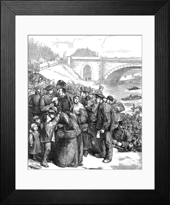 Framed Print : French coming into the Prussian lines for bread, at the ferry of Sevres, 1871. Creator: Unknown Framed Print : French coming into the Prussian lines for bread, at the ferry of Sevres, 1871. Creator: Unknown
