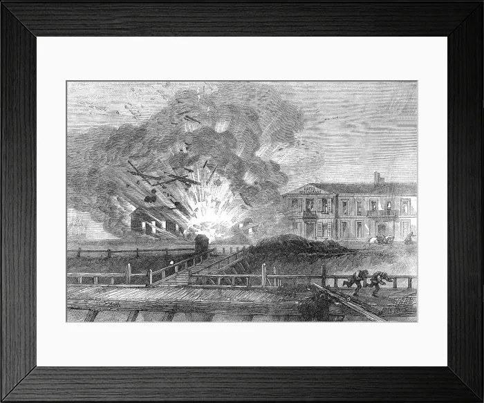 Framed Print : Explosion of a cartridge factory at Dunkirk, 1871. Creator: Unknown Framed Print : Explosion of a cartridge factory at Dunkirk, 1871. Creator: Unknown