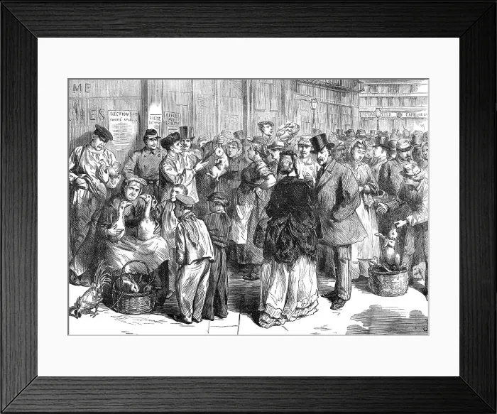 Framed Print : Relief of Paris: venders of poultry and rabbits - scene near the rue Lafayette, 1871. Creator: Unknown Framed Print : Relief of Paris: venders of poultry and rabbits - scene near the rue Lafayette, 1871. Creator: Unknown