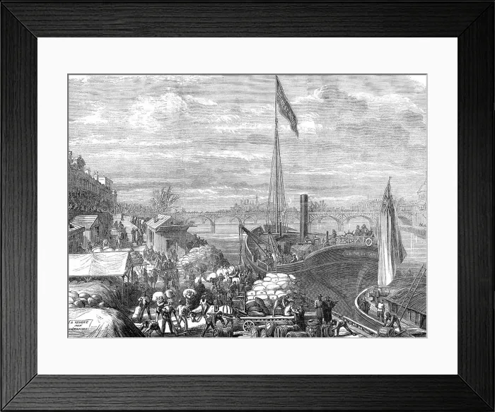 Framed Print : Relief of Paris: arrival of a vessel in the Seine with provisions from London, 1871. Creator: Unknown Framed Print : Relief of Paris: arrival of a vessel in the Seine with provisions from London, 1871. Creator: Unknown