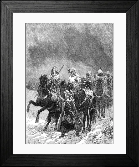 Framed Print : Scenes of the Late War in France: retreat from Le Mans - Ghoums and Spahis in the snow, 1871. Creator: William James Palmer Framed Print : Scenes of the Late War in France: retreat from Le Mans - Ghoums and Spahis in the snow, 1871. Creator: William James Palmer