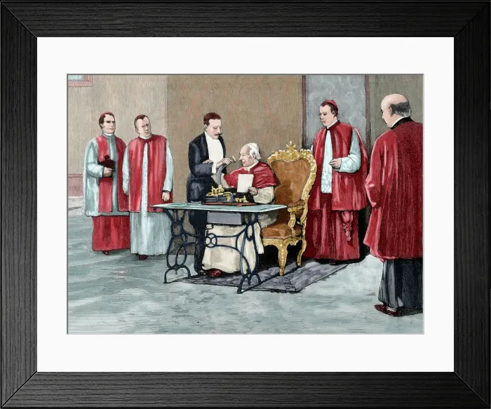 Framed Print : Leo XIII directs a phonograph message to the American Catholic people...jubilee, 1892. Creator: Rico Framed Print : Leo XIII directs a phonograph message to the American Catholic people...jubilee, 1892. Creator: Rico