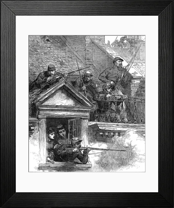 Framed Print : The Fighting in Paris: on the housetops: Faubourg Poissonniere, 1871. Creator: A. H Framed Print : The Fighting in Paris: on the housetops: Faubourg Poissonniere, 1871. Creator: A. H