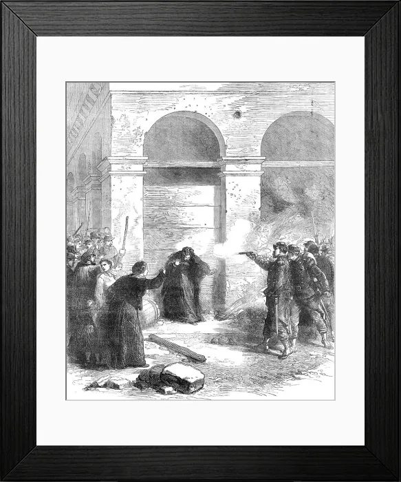 Framed Print : The Late Events in Paris: a woman shot at the Louvre for spreading petroleum, 1871. Creator: Unknown Framed Print : The Late Events in Paris: a woman shot at the Louvre for spreading petroleum, 1871. Creator: Unknown