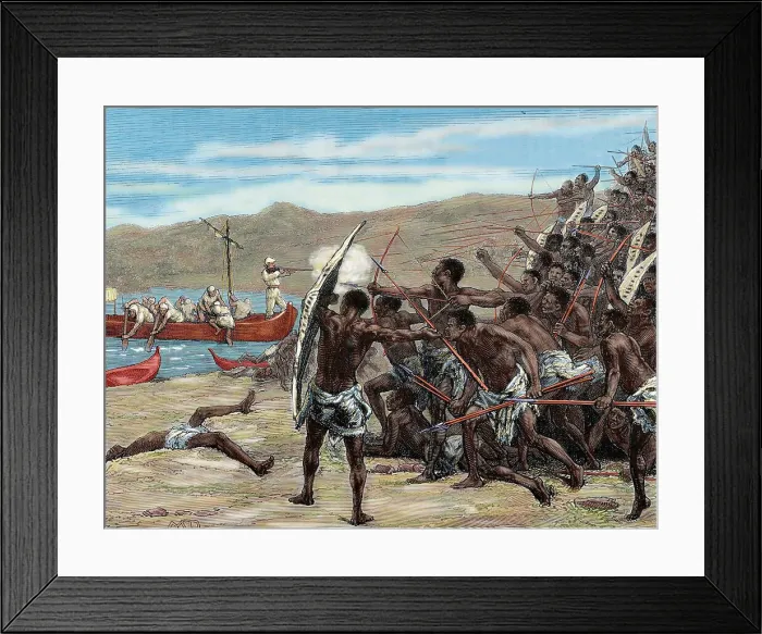 Framed Print : Explorers confronting natives of Bumbireh Island, Africa, 1870s, (1880). Creator: Laplante Framed Print : Explorers confronting natives of Bumbireh Island, Africa, 1870s, (1880). Creator: Laplante