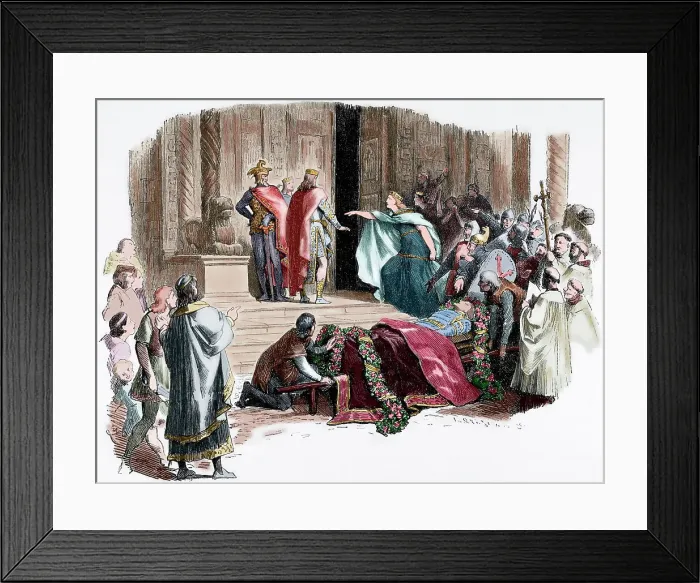 Framed Print : Kriemhild requiring the proof of the coffin, Nibelungenlied, Anonymous epic poem, 13th cent. (1882) Creator: Adolf Closs Framed Print : Kriemhild requiring the proof of the coffin, Nibelungenlied, Anonymous epic poem, 13th cent. (1882) Creator: Adolf Closs