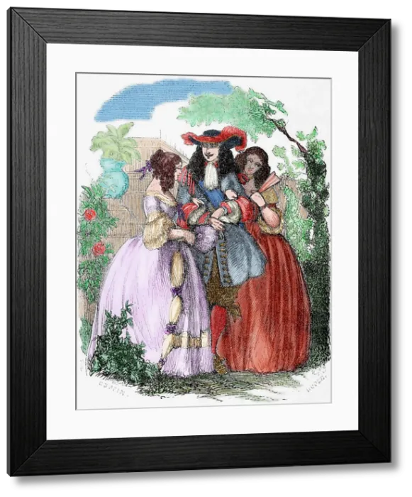Framed Print : The young Louis XIV strolling with the Mancini sisters, 19th century. Creator: Unknown Framed Print : The young Louis XIV strolling with the Mancini sisters, 19th century. Creator: Unknown