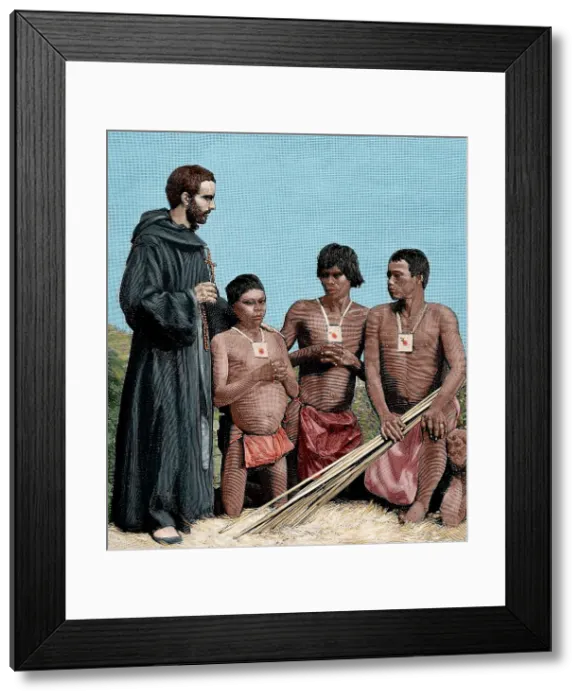 Framed Print : Augustinian Recollect friar converting Guahibo Indians, Spanish Mission, Colombia, 1887. Creator: Unknown Framed Print : Augustinian Recollect friar converting Guahibo Indians, Spanish Mission, Colombia, 1887. Creator: Unknown
