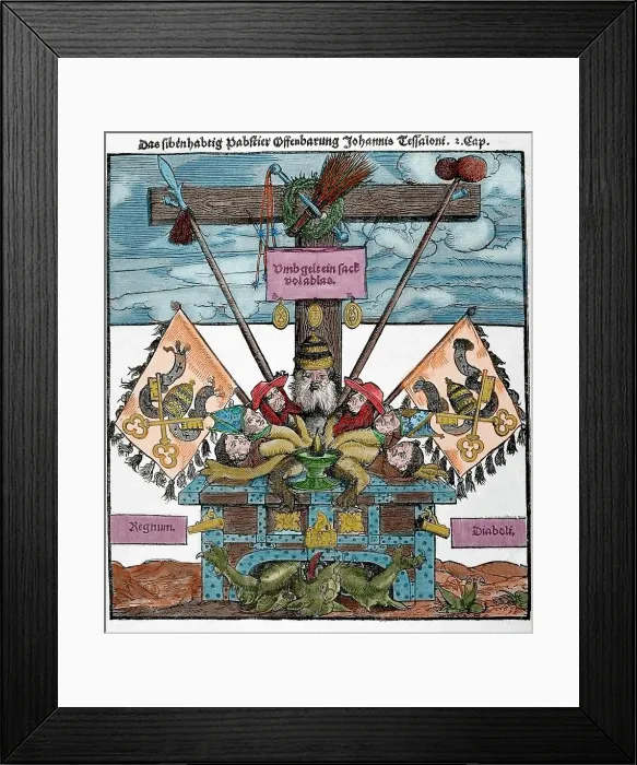 Framed Print : Satire against the sale of indulgences, Protestant Reformation, Germany, 1885. Creator: Unknown Framed Print : Satire against the sale of indulgences, Protestant Reformation, Germany, 1885. Creator: Unknown