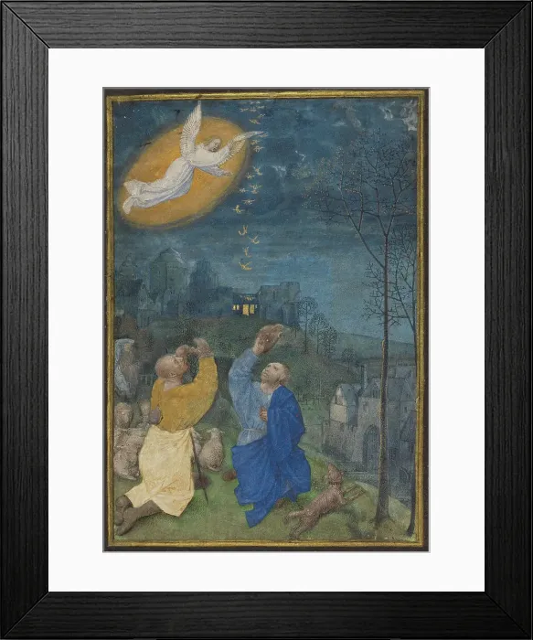 Framed Print : The Annunciation to the Shepherds: Miniature from the Emerson-White Hours, late 1470s-about 1480. Creator: Master of the Houghton Miniatures Framed Print : The Annunciation to the Shepherds: Miniature from the Emerson-White Hours, late 1470s-about 1480. Creator: Master of the Houghton Miniatures
