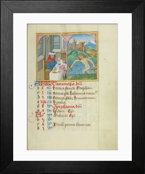 Framed Print : January Calendar Page; Feasting; Aquarius; Book of Hours, early 16th century. Creator: Unknown Framed Print : January Calendar Page; Feasting; Aquarius; Book of Hours, early 16th century. Creator: Unknown