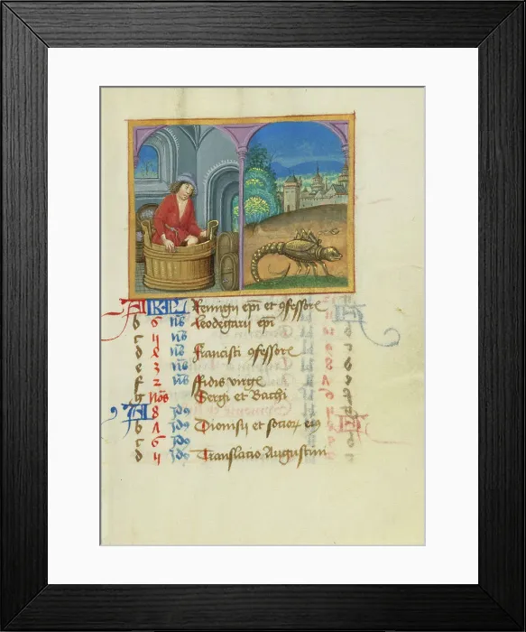 Framed Print : October Calendar Page; Treading Grapes; Scorpio; Book of Hours, early 16th century. Creator: Unknown Framed Print : October Calendar Page; Treading Grapes; Scorpio; Book of Hours, early 16th century. Creator: Unknown