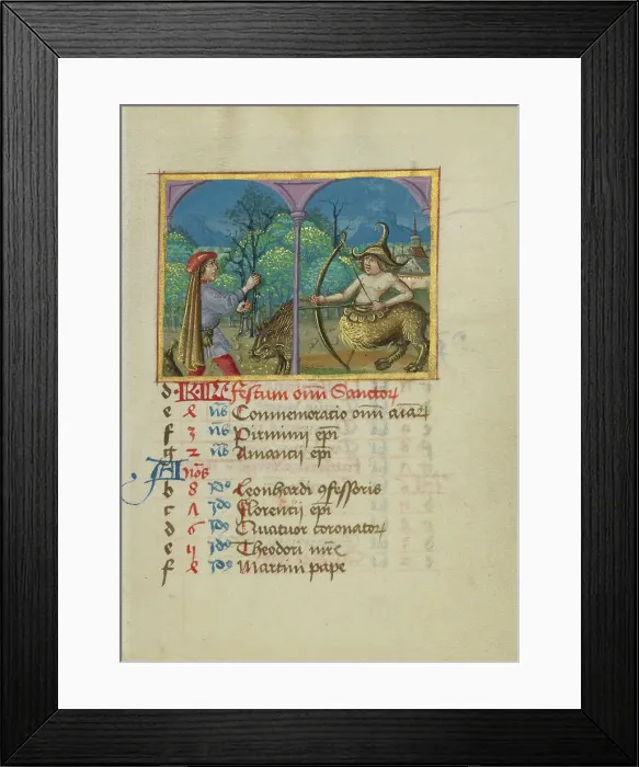 Framed Print : November Calendar Page; Gathering Acorns for Pigs; Sagittarius; Book of Hours, early 16th century. Creator: Unknown Framed Print : November Calendar Page; Gathering Acorns for Pigs; Sagittarius; Book of Hours, early 16th century. Creator: Unknown