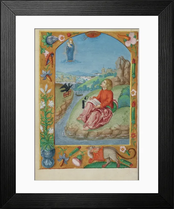 Framed Print : Saint John on Patmos; Book of Hours, early 16th century. Creator: Unknown Framed Print : Saint John on Patmos; Book of Hours, early 16th century. Creator: Unknown