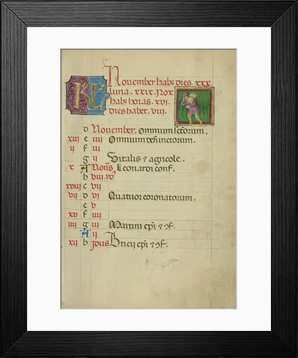Framed Print : November Calendar Page; Gathering Wood; Book of Hours, about 1460. Creator: Unknown Framed Print : November Calendar Page; Gathering Wood; Book of Hours, about 1460. Creator: Unknown