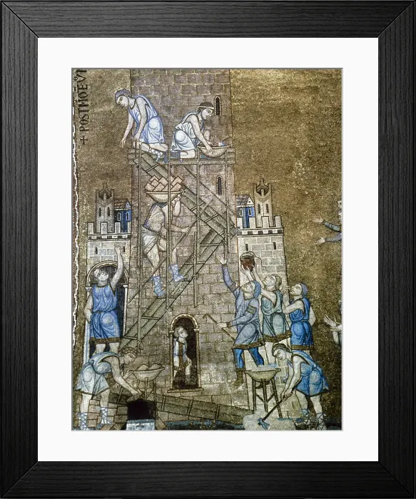 Framed Print : Construction of the Tower of Babel, mosaic, north vault of Saint Mark's Basilica, 13th century. Creator: Unknown Framed Print : Construction of the Tower of Babel, mosaic, north vault of Saint Mark's Basilica, 13th century. Creator: Unknown