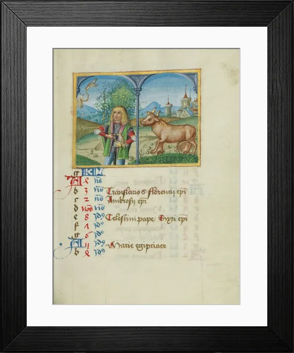 Framed Print : April Calendar Page; Hawking; Taurus; Book of Hours, early 16th century. Creator: Unknown Framed Print : April Calendar Page; Hawking; Taurus; Book of Hours, early 16th century. Creator: Unknown