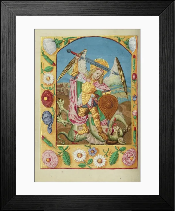 Framed Print : Saint Michael and the Dragon; Book of Hours early 16th century. Creator: Unknown Framed Print : Saint Michael and the Dragon; Book of Hours early 16th century. Creator: Unknown