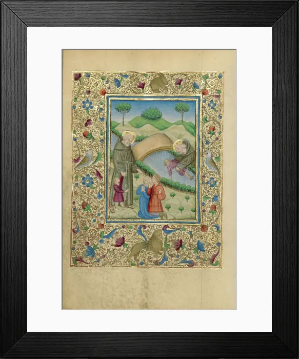 Framed Print : Saint Bernardino of Siena Rescuing Boys from a River; Book of Hours, about 1460. Creator: Unknown Framed Print : Saint Bernardino of Siena Rescuing Boys from a River; Book of Hours, about 1460. Creator: Unknown