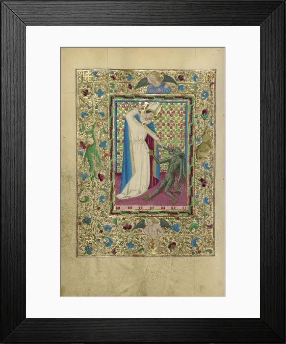 Framed Print : Saint Eligius Overpowering a Devil; Book of Hours, about 1460. Creator: Unknown Framed Print : Saint Eligius Overpowering a Devil; Book of Hours, about 1460. Creator: Unknown
