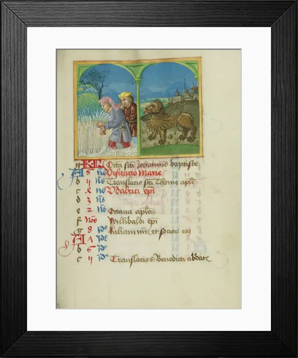 Framed Print : July Calendar Page; Reaping; Leo; Book of Hours, early 16th century. Creator: Unknown Framed Print : July Calendar Page; Reaping; Leo; Book of Hours, early 16th century. Creator: Unknown