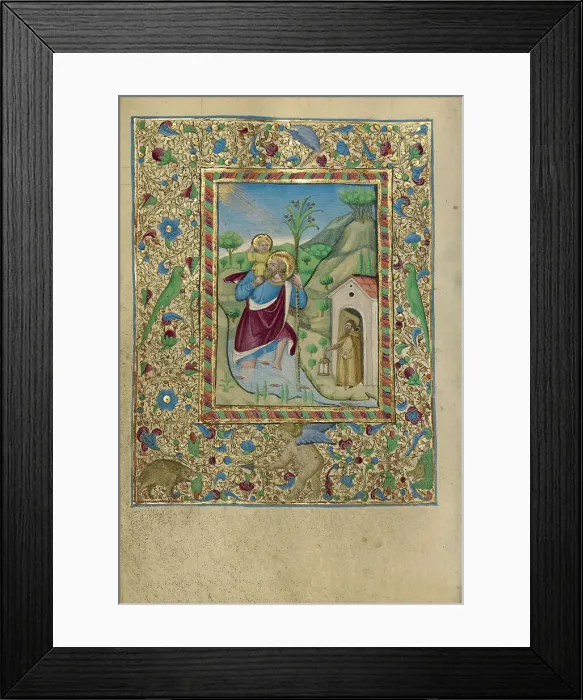 Framed Print : Saint Christopher Carrying the Christ Child; Book of Hours, about 1460. Creator: Unknown Framed Print : Saint Christopher Carrying the Christ Child; Book of Hours, about 1460. Creator: Unknown