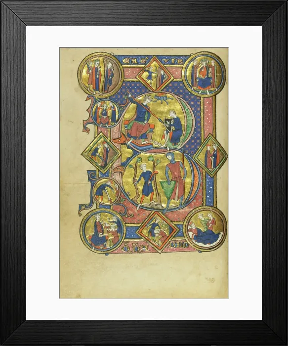 Framed Print : Initial B: David Playing the Harp and David and Goliath; Wenceslaus Psalter, about 1250-1260. Creator: Unknown Framed Print : Initial B: David Playing the Harp and David and Goliath; Wenceslaus Psalter, about 1250-1260. Creator: Unknown