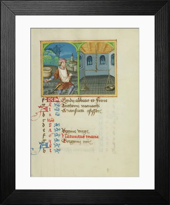 Framed Print : September Calendar Page; Sowing; Libra; Book of Hours, early 16th century. Creator: Unknown