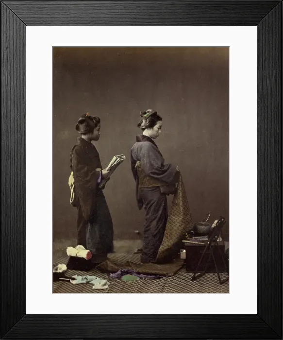 Framed Print : Putting on the Obi, or Girdle, 1866-1867. Creator: Felice Beato Framed Print : Putting on the Obi, or Girdle, 1866-1867. Creator: Felice Beato