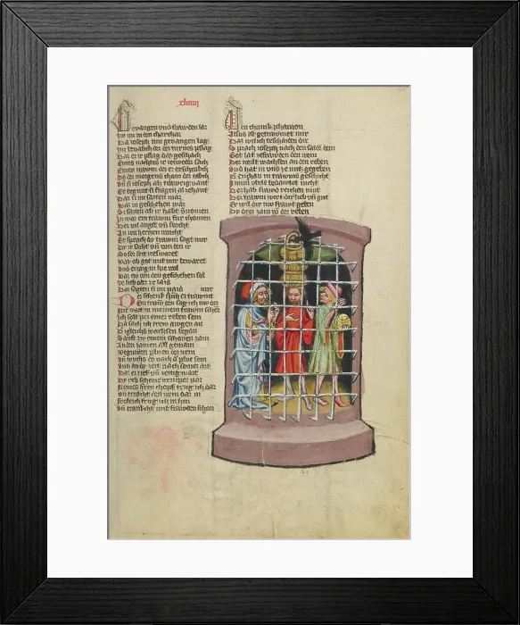 Framed Print : Joseph in Prison with a Butler and a Baker; Weltchronik, about 1400-1410. Creator: Unknown Framed Print : Joseph in Prison with a Butler and a Baker; Weltchronik, about 1400-1410. Creator: Unknown