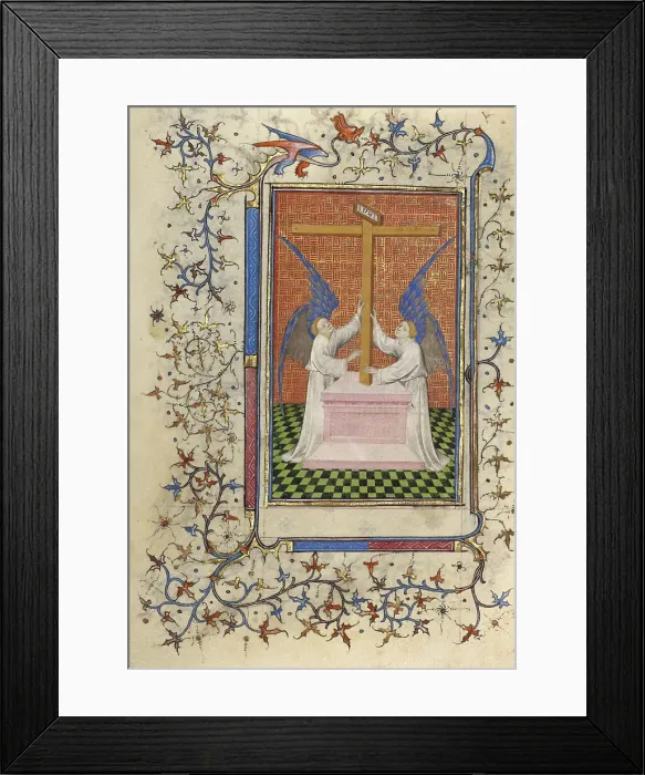 Framed Print : Two Angels Displaying the Cross; Book of Hours, about 1410. Creator: Unknown