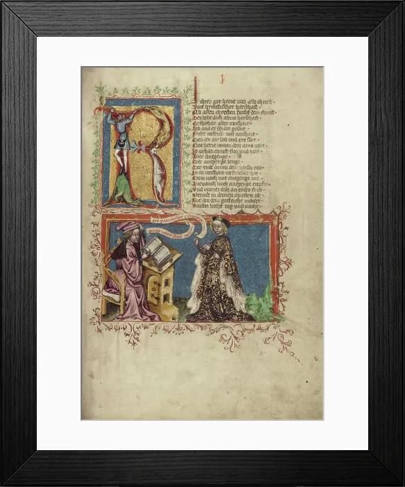 Framed Print : A Scribe and a Woman; Weltchronik, about 1400-1410. Creator: Unknown Framed Print : A Scribe and a Woman; Weltchronik, about 1400-1410. Creator: Unknown