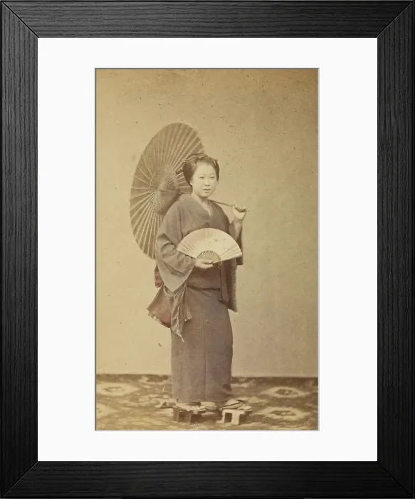 Framed Print : Woman with parasol and fan, about 1868. Creator: Felice Beato Framed Print : Woman with parasol and fan, about 1868. Creator: Felice Beato