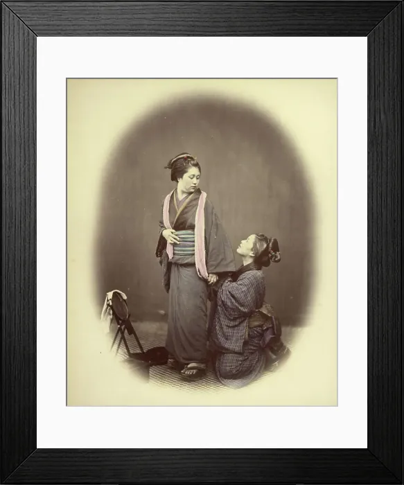 Framed Print : Putting on the Obi, or Gridle, 1866-1867. Creator: Felice Beato Framed Print : Putting on the Obi, or Gridle, 1866-1867. Creator: Felice Beato