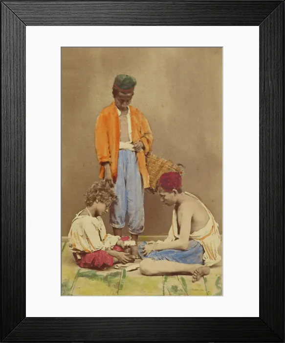 Framed Print : Unidentified man with basket standing, plus two boys seated playing cards, 1865-1870. Creator: Giorgio Conrad Framed Print : Unidentified man with basket standing, plus two boys seated playing cards, 1865-1870. Creator: Giorgio Conrad