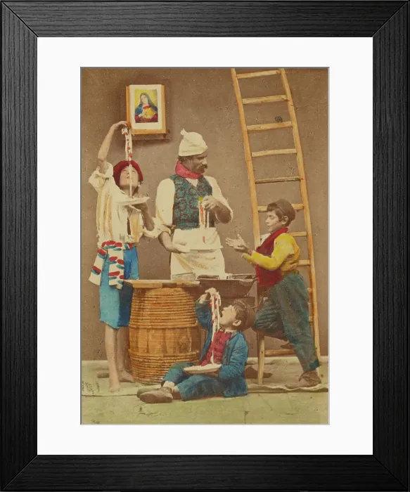 Framed Print : Unidentified man with moustache making pasta, three boys either eating it or helping... 1865-1870. Creator: Giorgio Conrad Framed Print : Unidentified man with moustache making pasta, three boys either eating it or helping... 1865-1870. Creator: Giorgio Conrad