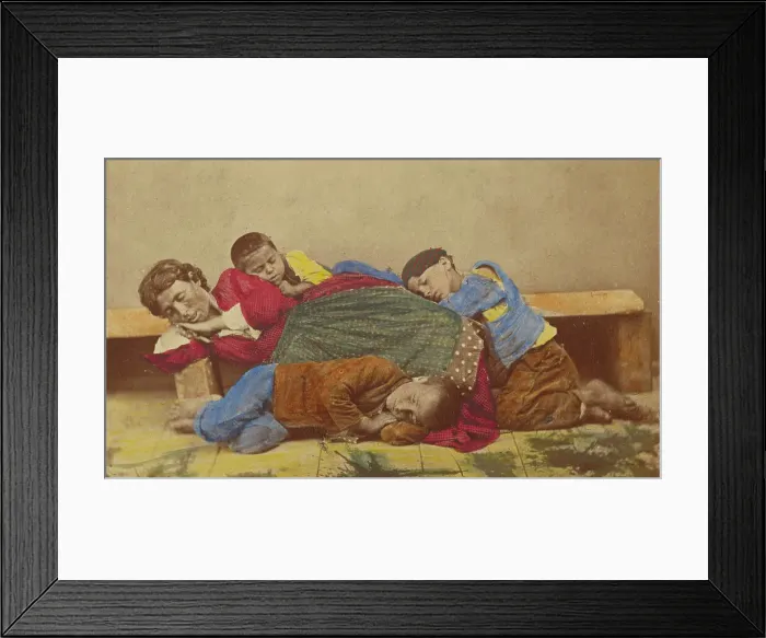 Framed Print : Gypsy mother and three children alseep on bench and ground, 1865-1870. Creator: Giorgio Conrad Framed Print : Gypsy mother and three children alseep on bench and ground, 1865-1870. Creator: Giorgio Conrad
