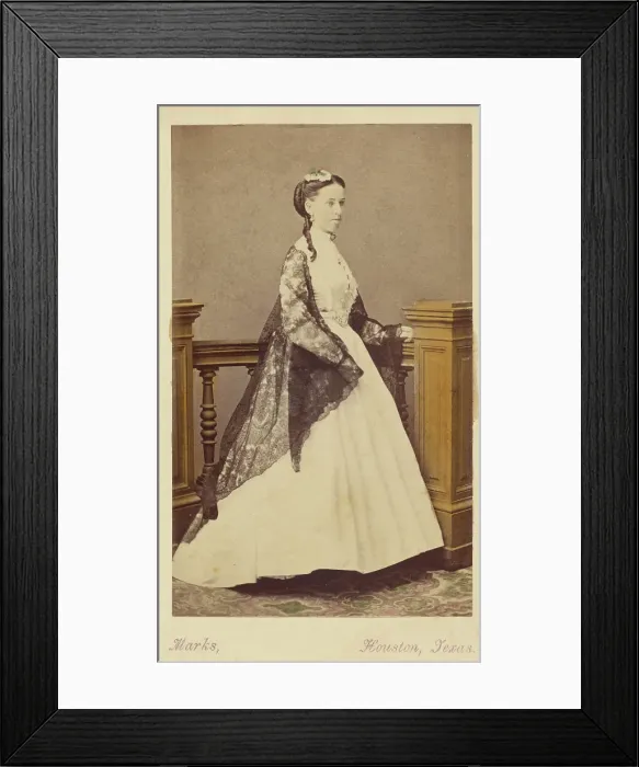 Framed Print : Unidentified woman wearing a white dress and black shawl, standing, 1870-1875. Creator: H. R. Marks Framed Print : Unidentified woman wearing a white dress and black shawl, standing, 1870-1875. Creator: H. R. Marks