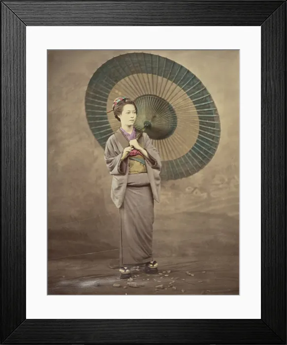 Framed Print : Japanese woman holding a large parasol, 1868-1880. Creator: Felice Beato Framed Print : Japanese woman holding a large parasol, 1868-1880. Creator: Felice Beato