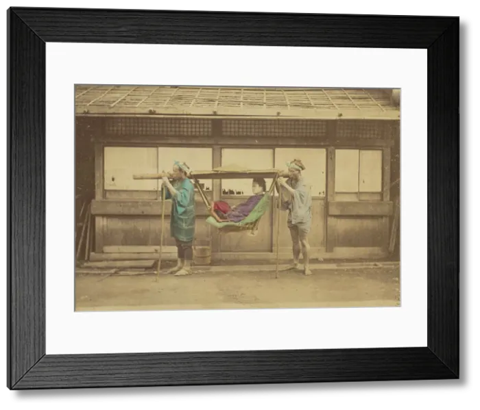 Framed Print : Japanese woman being carried by two Japanese men in a kago, 1868-1880. Creator: Felice Beato Framed Print : Japanese woman being carried by two Japanese men in a kago, 1868-1880. Creator: Felice Beato