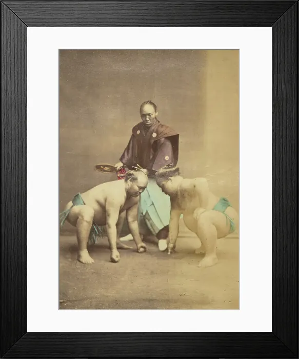 Framed Print : Two Japanese sumo wrestlers posed with referee, 1868-1880. Creator: Felice Beato Framed Print : Two Japanese sumo wrestlers posed with referee, 1868-1880. Creator: Felice Beato