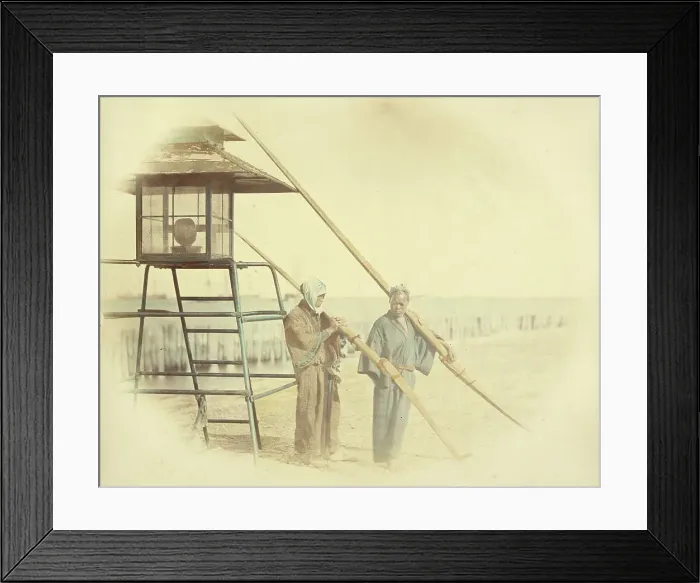 Framed Print : Two Men with Oars Standing Next to a Lantern, 1866-1867. Creator: Felice Beato Framed Print : Two Men with Oars Standing Next to a Lantern, 1866-1867. Creator: Felice Beato