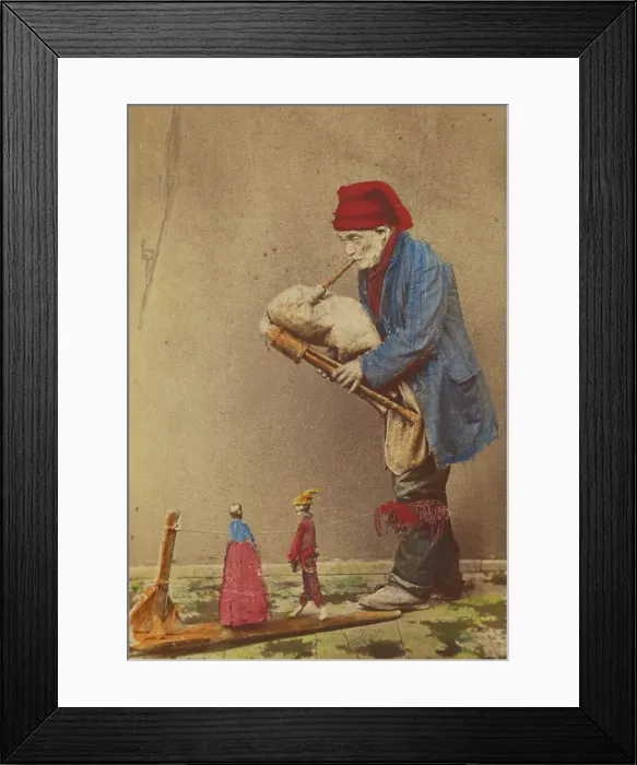 Framed Print : Unidentified man in cap playing a bagpipe-type instrument with two marionettes, about 1870. Creator: Giorgio Conrad Framed Print : Unidentified man in cap playing a bagpipe-type instrument with two marionettes, about 1870. Creator: Giorgio Conrad
